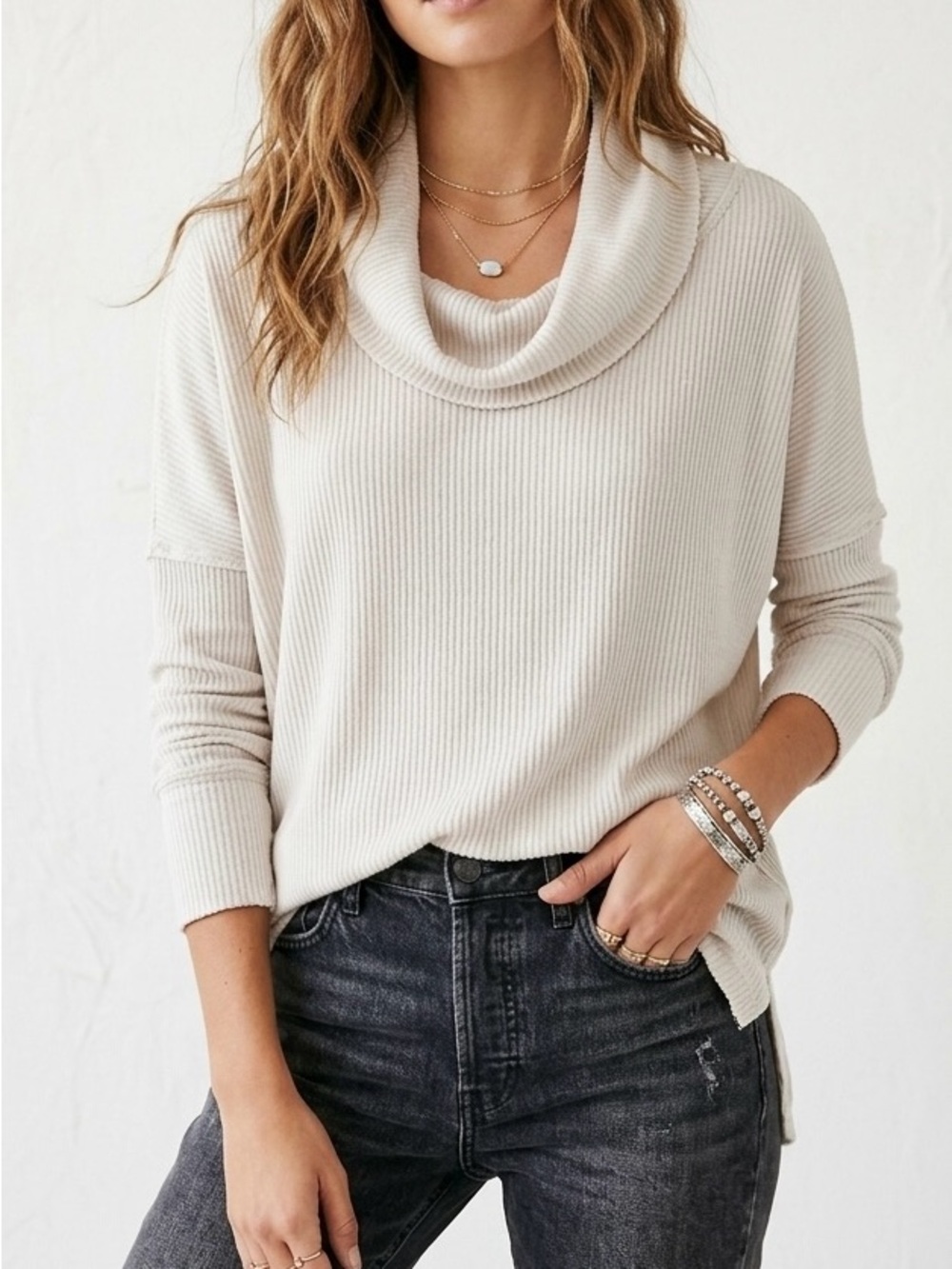 Free People Cream Ribbed Cowl Neck Sweater